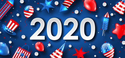 Obraz premium New Year 2020 with National Colors of USA American Flag. Greeting Poster
