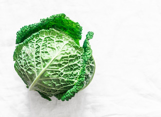 Fresh savoy cabbage on a light background. the view from the top. Copy space