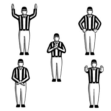 American Football Official Hand Signals Drawing Retro Black and White Collection Set