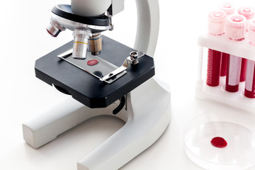 Blood drop under microscope on white background
