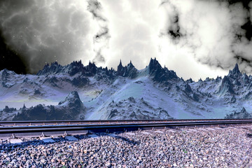 Railroad track on an alien planet. Collage