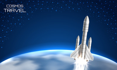 Cosmos Travel Background with Spacecraft Space Shuttle, Cosmic Rocket, Spaceship 