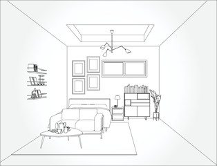 Linear sketch of an interior. Living room and bedroom drawing plan. Sketch Line sofa set. Vector illustration.outline sketch drawing perspective of a interior space.