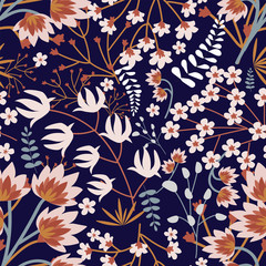 Modèle sans couture floral coloré dans un style oriental. Fleurs oranges, blanches, feuilles sur fond bleu foncé. Modèle créatif pour votre conception. Illustration vectorielle de main.