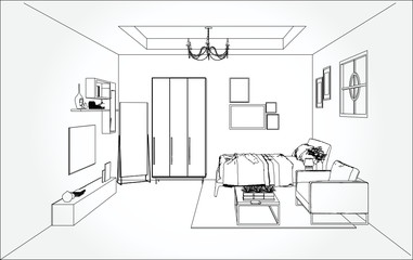 Fototapeta na wymiar Linear sketch of an interior. Living room and bedroom drawing plan. Sketch Line sofa set. Vector illustration.outline sketch drawing perspective of a interior space.