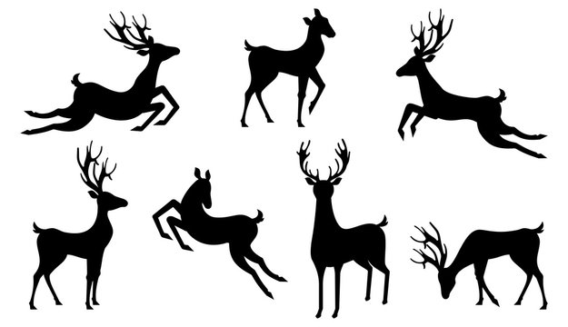 Set Silhouettes Deers Isolated. Jumping and Running Reindeers, Stags