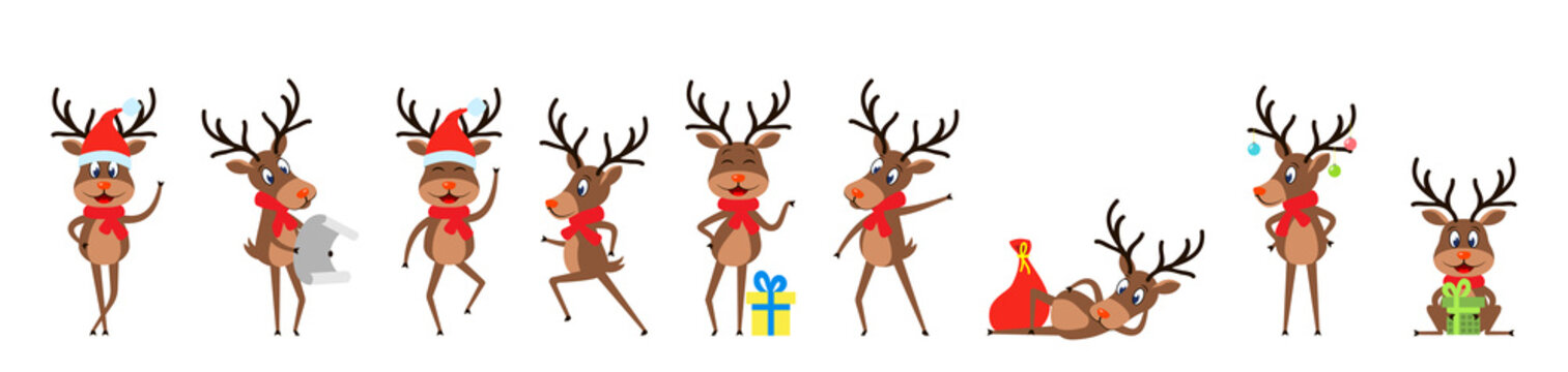 Set Funny Deers, Christmas Reindeers, Cheerful Cartoons in Santa Hats with Gifts
