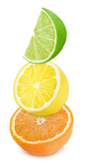 Obraz premium Multicolored composition with slices of citrus fruits - orange, lemon and lime isolated on a white background.