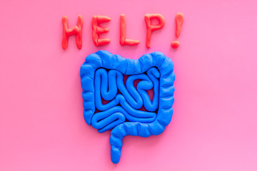 Intestines illness and treatment. Word help near guts on pink background top view space for text
