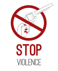 Stop violence and war. Vertical card with outline drawing of a pistol with hand in prohibition sign and text. Ban on the kill. Vector element for banners, articles and your design.