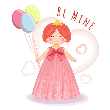 cute princess illustration vector with balloon