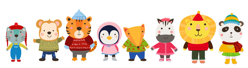 Cute animals in winter clothes