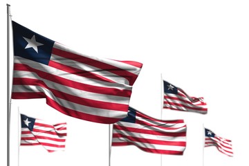 wonderful celebration flag 3d illustration. - five flags of Liberia are wave isolated on white - picture with selective focus - Powered by Adobe