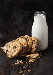 Homemade organic oatmeal cookies with raisins and apricots and bottle of milk on dark wooden background.