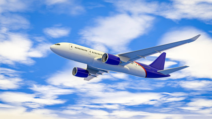Fototapeta na wymiar 3D illustration of a passenger plane flying in the blue sky.