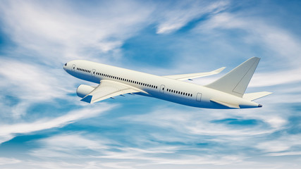 Naklejka na ściany i meble 3D illustration of a passenger plane flying in the blue sky.