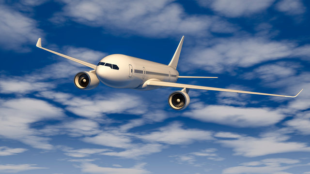 3D illustration of a passenger plane flying in the blue sky.