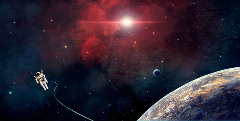 Space scene. Astronaut fly in red nebula with planet. Elements furnished by NASA. 3D rendering