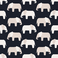 Vector Seamless pattern with hand drawn silhouette elephants . Background in flat style on dark .