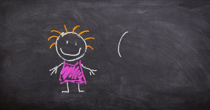 Happy doodle children hand drawing on blackboard