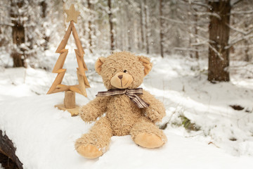 Scruffy bear and rustic Christmas tree in snow