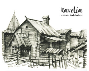 Ink hand drawn illustration. Nature. Wooden architecture  