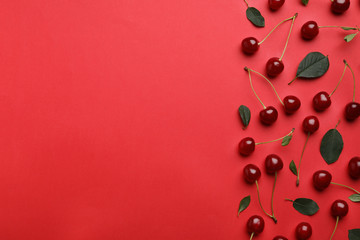 Tasty ripe cherries with leaves on red background, flat lay. Space for text