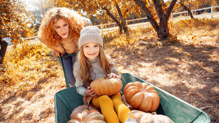 Young adult mother and daughter looking at carved pumpkin with smoke