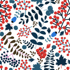 Bright colorful stylized seamless pattern. Leaves, berries, tree branches, Rowan in red, blue and white. Hand vector illustration. Perfect for creating unusual fabrics, printing, packaging design...