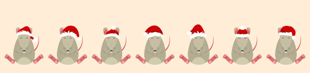 Rats Santa Claus in Hats. Funny Christmas Characters