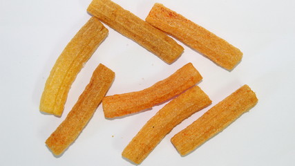 closeup shot of crispy fried roll pappad snacks with white background