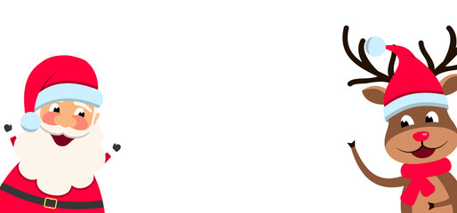 Funny Santa Claus and Christmas Deer with Blank Paper