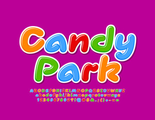 Fototapeta na wymiar Vector bright banner Candy Park. Colorful Kids Font. Handwritten Alphabet Letters and Numbers