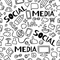 Seamless pattern with social media doodle elements. Black hand drawn icons with inscriptions. Vector illustration.