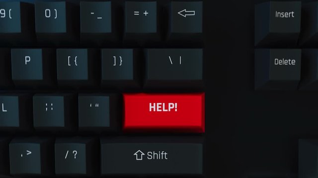 Pushing help computer key, emergency, cry for help, assistance, urgent message. Computer keyboard concept