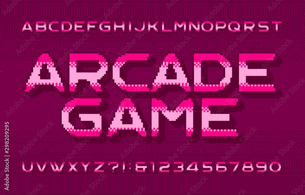 Fototapete arcade game alphabet font. 3d pixel letters, numbers and symbols. pixelated background. 80s video ga