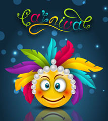 Fototapeta na wymiar Happy Carnival Festive Lettering, Smile Emoji with Feather Headdress
