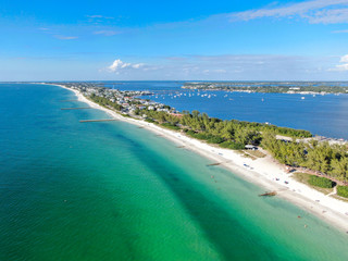 Aerial view of Anna Maria Island, white sand beaches and blue water, barrier island on Florida Gulf...