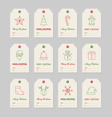 Christmas present tags with festive icons. Xmas ornaments with wishes. Vector