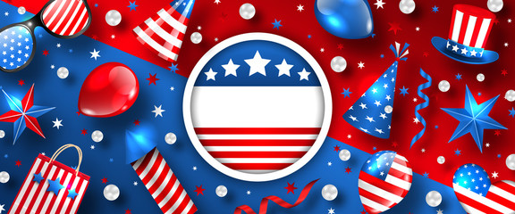 Fototapeta premium USA Background for American Holidays with Traditional Symbols, Template for Cards, Flyers, Invitation