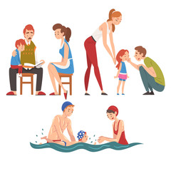 Loving Parents and Their Kids Set, Father, Mother and Chilren Spending Good Time Together, Happy Family Relationship Vector Illustration