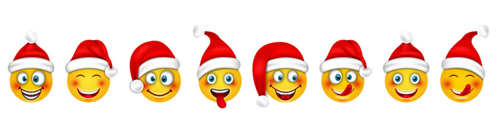 Set Christmas Happy Cheerful Emoticons in Santa Hat