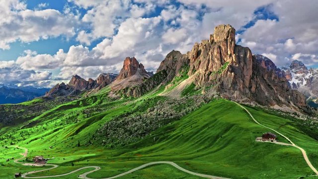Passo Giau in Dolomites in autumn, aerial view, Italy