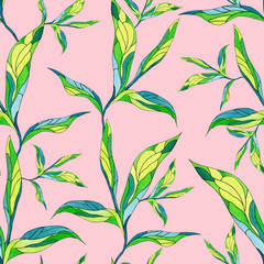 Seamless pattern with leaves on a pale pink background. Endless repeating print. Watercolor texture, batik style.