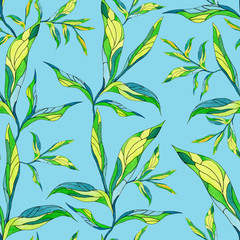 Seamless pattern with leaves on a light blue background. Endless repeating print. Watercolor texture, batik style.