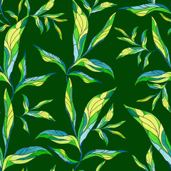 Seamless pattern with leaves on a deep green background. Endless repeating print. Watercolor texture, batik style.