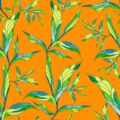 Seamless pattern with leaves on an orange background. Endless repeating print. Watercolor texture, batik style.