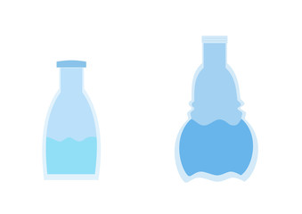 Glass bottle and plastic with water and a reclosable lid. The ecological glass bottle and non-organic plastic bottle. Illustrations. Vector.