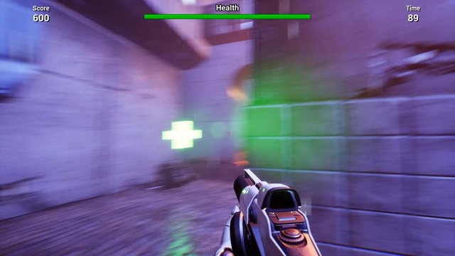 Computer graphics 3D simulation of first-person shooter video game. Walking through abandoned area with gun and striking. Score, health and time indicators are in top of computer screen