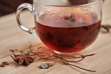 Chinese black tea with anise and thyme. Close-up.